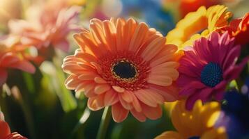 Colorful Blooming Gerbera Daisies in a Sunlit Garden During Early Spring photo