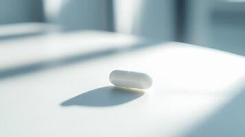 A Singular White Capsule Resting on a Clean Surface With Soft Natural Light Filtering Through a Nearby Window photo