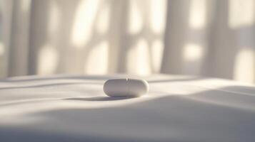 Small White Earbud Positioned Elegantly on Soft Fabric With Gentle Light Streaming Through Sheer Curtains photo