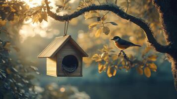 A Small Colorful Bird Perched Near A Wooden Birdhouse Hanging From A Tree Branch During Golden Hour Light photo