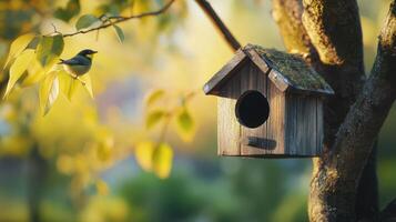 Bird Perched on Leafy Branch Near Wooden Birdhouse in a Sunny Garden During Early Morning photo