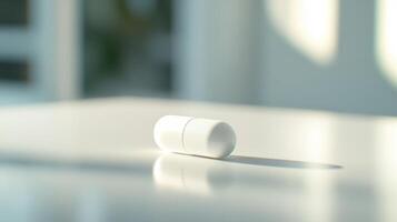 Simple White Capsule on a Sunlit Table in a Modern Room During Daylight Hours photo