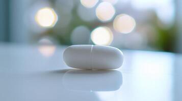 Close-Up of a White Capsule on a Reflective Surface With Soft Background Lights in a Well-Lit Room photo