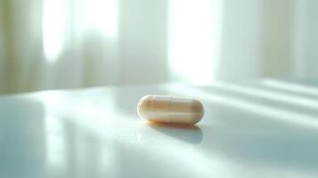 Light Filtering Through Sheer Curtains Illuminates A Single Capsule On The Table photo