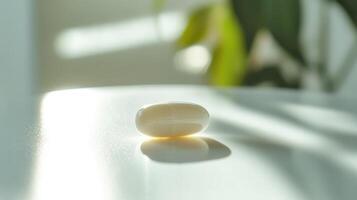 Sunlight Illuminates A Single White Capsule On A Bright Surface Surrounded By Greenery During Daytime photo