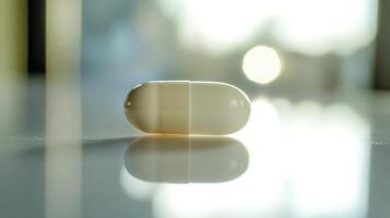 Close-Up Of A Single Capsule Resting On A Smooth Surface With Sunlight Background In A Bright Room photo