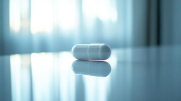 Close-Up of a White Capsule on a Reflective Surface With Soft Morning Light Streaming Through Curtains photo