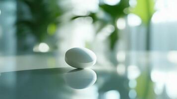 Simple White Egg Balanced on a Smooth Surface With Green Plants in Bright Natural Light photo