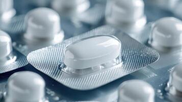 Close-Up View of Prescription Medication Blister Pack With One Pill Exposed Against a Background of Several Pills. photo