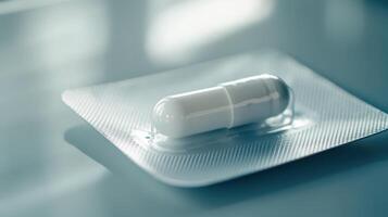 White Capsule On Blister Pack Surrounded By Soft Lighting In A Medical Setting photo