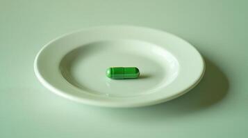 Green Capsule Placed on a White Plate in a Bright Room During Daytime photo