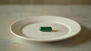 Single Green Capsule on White Plate Reflecting Soft Light in Minimalist Setting photo