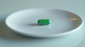 Green Capsule Resting on a White Plate With Soft Lighting in a Minimalist Setting During Daylight Hours photo