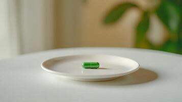 Green Capsule Resting on a White Plate in a Natural Light Setting With Plants in the Background photo