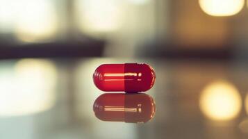 Bright Red Capsule Resting on Reflective Surface in Softly Lit Room During Daylight photo