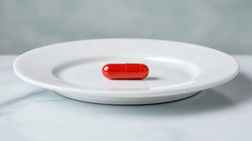 A Single Red Capsule Resting on a White Plate Against a Soft Gray Background photo
