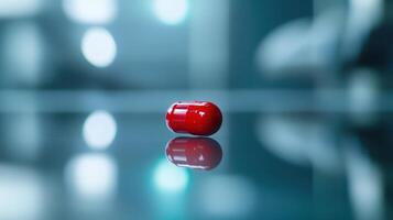 Bright Red Capsule Floating Above Glossy Surface in Modern Medical Setting During Daytime photo