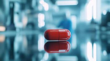 Bright Red Capsule Resting on Reflective Surface in Laboratory Setting During Daytime photo