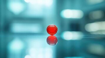 Vibrant Red Sphere Reflecting Light on Glossy Surface in Laboratory Setting photo