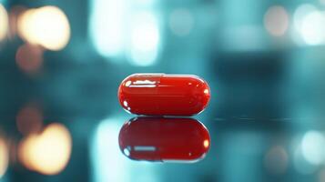 Bright Red Capsule Resting on Glossy Surface in Softly Lit Laboratory Environment photo
