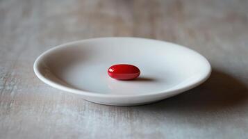 Single Red Capsule Positioned On A White Dish Against Light Wooden Background photo