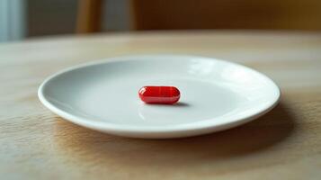 Red Capsule Resting on a White Plate in a Brightly Lit Kitchen Setting photo