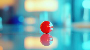 A Single Vibrant Red Ball Reflecting Light on a Smooth Surface in a Bright, Modern Workspace photo