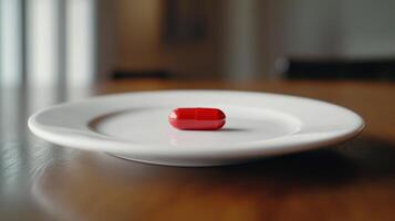 Bright Red Capsule Resting on White Plate in Minimalistic Indoor Setting During Daytime photo
