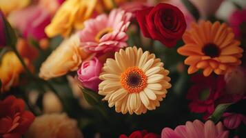 Colorful Mixed Flower Bouquet Featuring Roses, Gerbera Daisies, and Carnations in Natural Light During Springtime photo