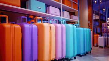 Colorful Luggage Displayed Neatly On Shelves In A Modern Travel Store photo