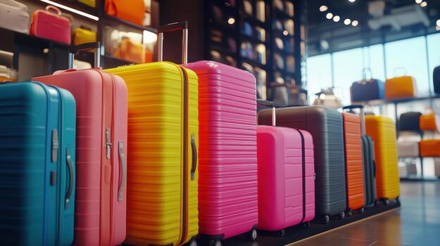Colorful Luggage Displayed In Storefront During Bright Daylight Hours With Vibrant Patterns And Varied Sizes photo