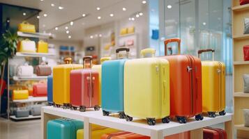 Vibrant Travel Luggage Display in a Modern Retail Store During Daytime Shopping photo