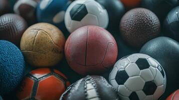 A Colorful Collection of Various Sport Balls Arranged Together on a Dark Background photo