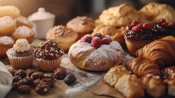 Assorted Baked Goods Displayed on Rustic Wooden Table With Natural Light During Morning photo