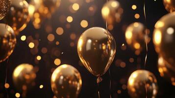 Celebratory Gold Balloons Float Against a Dark Background With Twinkling Lights During a Festive Occasion photo