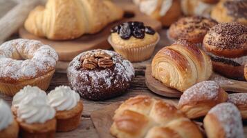 Assorted Pastries and Baked Goods Displayed on Wooden Plates at a Cozy Bakery During Morning Hours photo