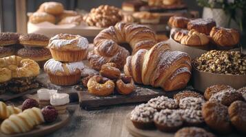 Assorted Freshly Baked Pastries and Sweets Displayed on Rustic Wooden Tables photo