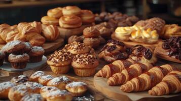Assortment Of Freshly Baked Pastries Displayed On Wooden Platters In Cozy Bakery During Morning Hours photo