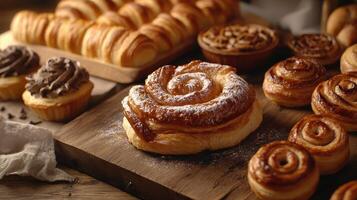Freshly Baked Pastries Displayed on Wooden Table in Cozy Bakery Setting Early Morning photo