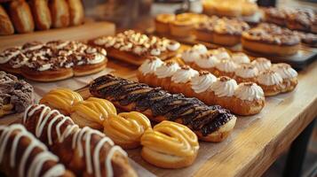 Assorted Freshly Baked Pastries Displayed on Wooden Table in Artisan Bakery During Morning Hours photo
