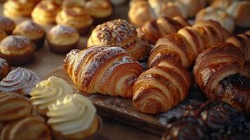 Delicious Bakery Display Featuring Freshly Baked Pastries And Muffins In Morning Light photo