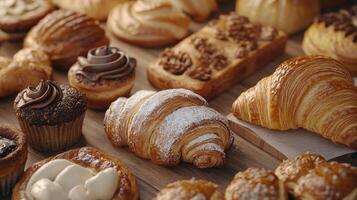 Delicious Assortment of Freshly Baked Pastries and Desserts at a Bakery Display photo