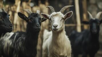 Curious Goats Standing Together in Rustic Farmyard During Golden Hour photo