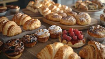 Assortment of Freshly Baked Pastries Displayed on Wooden Tables in a Cozy Bakery Interior photo