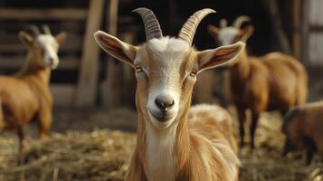 Curious Goat Observing Farm Life While Other Goats Gather Around Fresh Hay in Late Afternoon Sunlight photo
