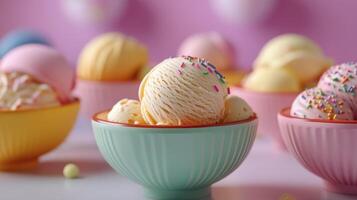 Colorful Scoops of Ice Cream With Sprinkles in Bright Bowls at a Cheerful Dessert Table photo