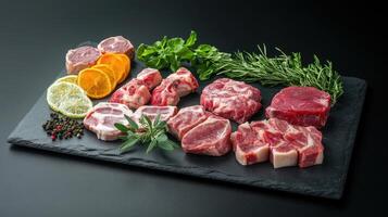 Fresh Cuts of Meat Displayed on Slate Board With Herbs and Citrus in Culinary Setting photo