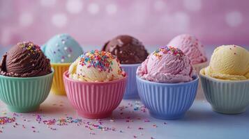 Vibrant Ice Cream Scoops Served in Colorful Bowls at a Summer Celebration photo
