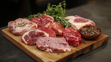 Assorted Fresh Cuts of Meat Arranged on a Wooden Board With Herbs and Seasoning in a Well-Lit Kitchen photo
