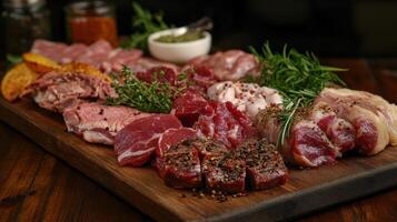 Variety of Fresh Meats Displayed on Rustic Wooden Platter With Herbs and Sauces in Cozy Restaurant Setting photo